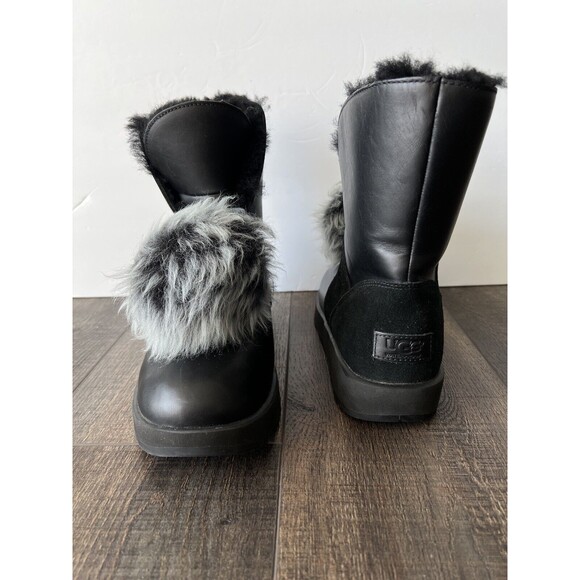 UGG Isley Black Leather Vibram Pom Pom Waterproof Boot Women's Size US9.5/EU40.5 - Picture 1 of 10